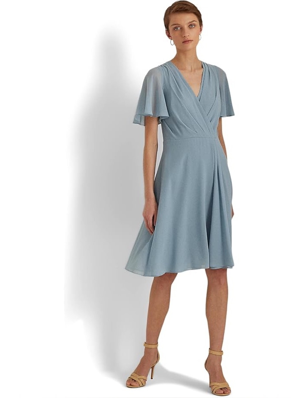 Lauren Azure Blue Dress Wrap V Neck Flutter Sleeve Lined Sz 16